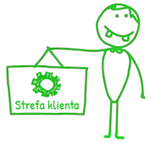 Narysowany zielony ludek z tabliczką Strefa Klienta